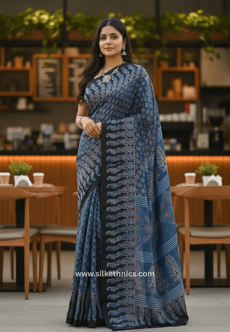 Royal Blue Ajrakh hand blockprinted modal saree
