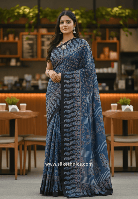 Royal Blue Ajrakh hand blockprinted modal saree