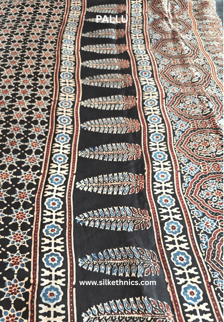 Black Ajrakh hand blockprinted modal saree