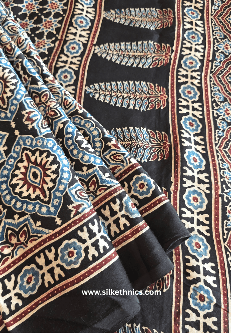 Black Ajrakh hand blockprinted modal saree