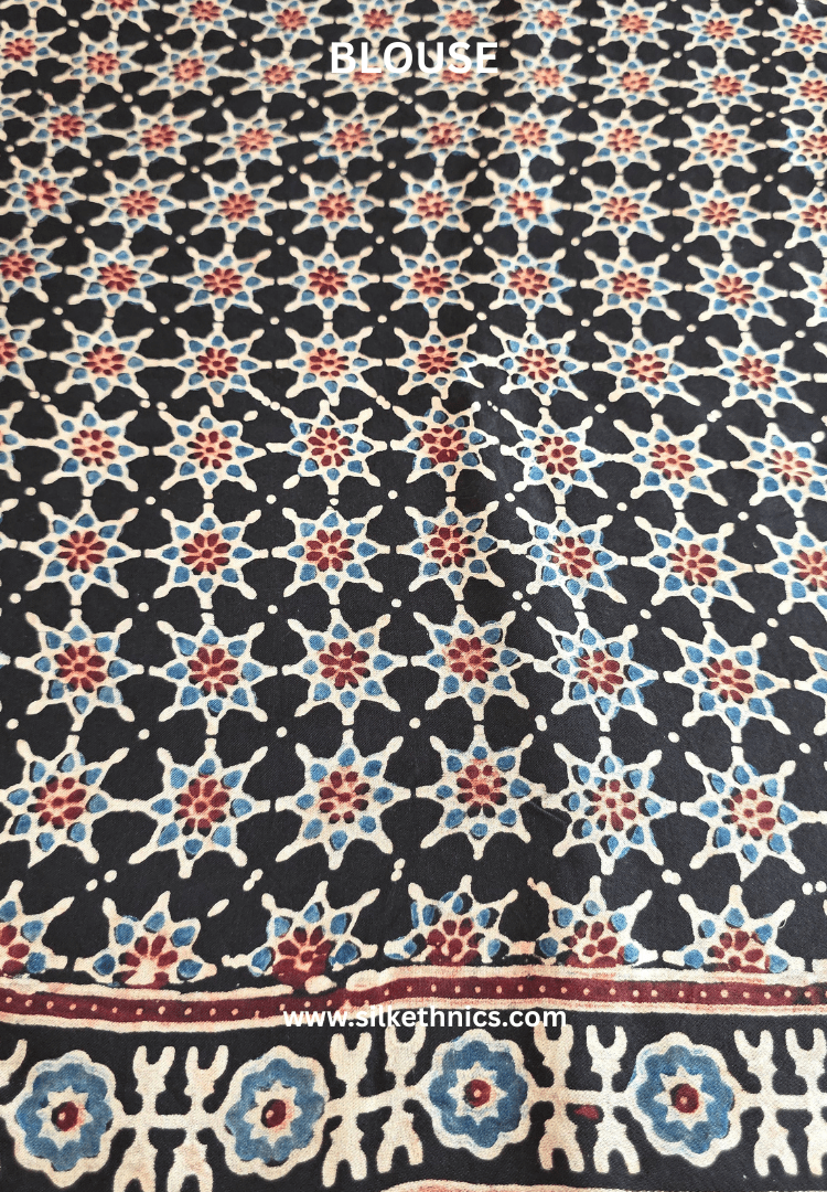 Black Ajrakh hand blockprinted modal saree