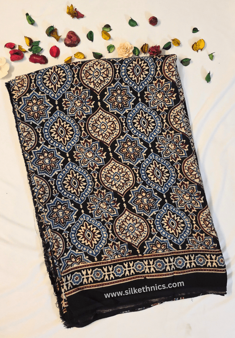 Black Ajrakh hand blockprinted modal saree