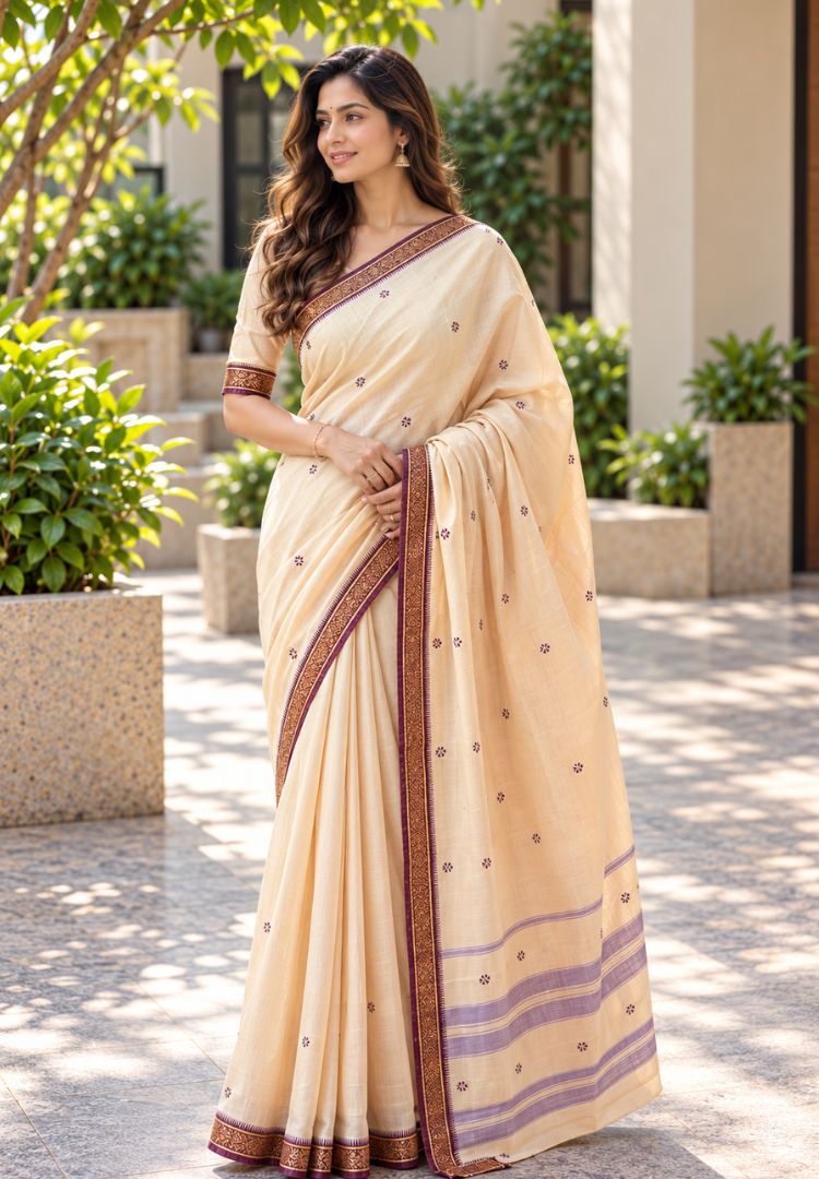Woman wearing an almond beige Ikkat Dhaniakhali handloom cotton saree with brown border - Silk Ethnics