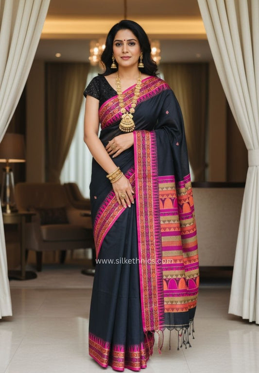 Classic Black Assam hand weaving cotton saree