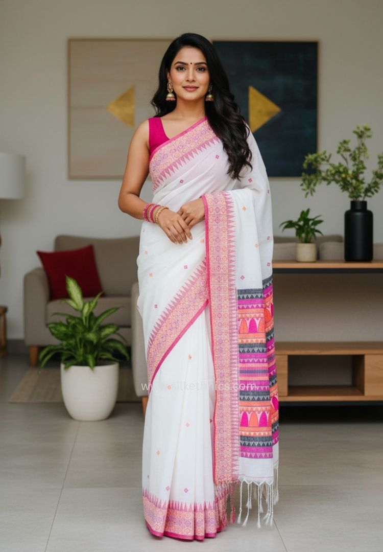 Pearl white Assam hand weaving saree