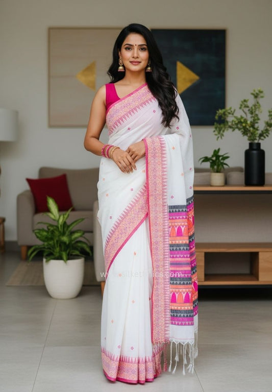 Pearl white Assam hand weaving saree