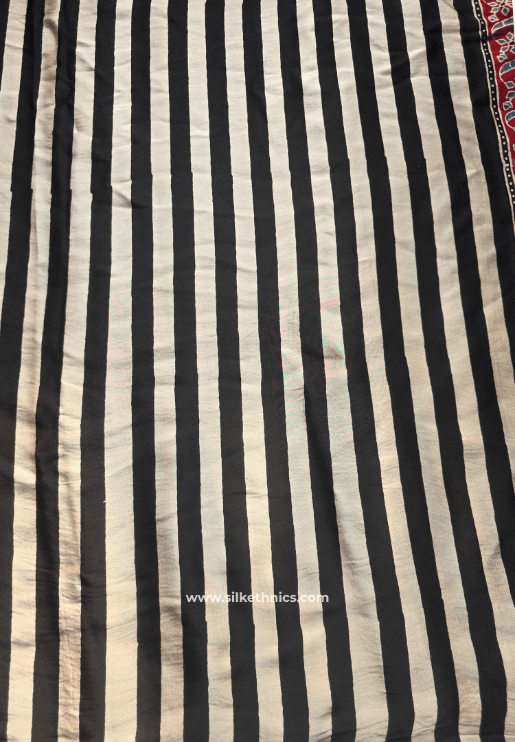 Black and White striped Ajrakh blockprinted modal saree