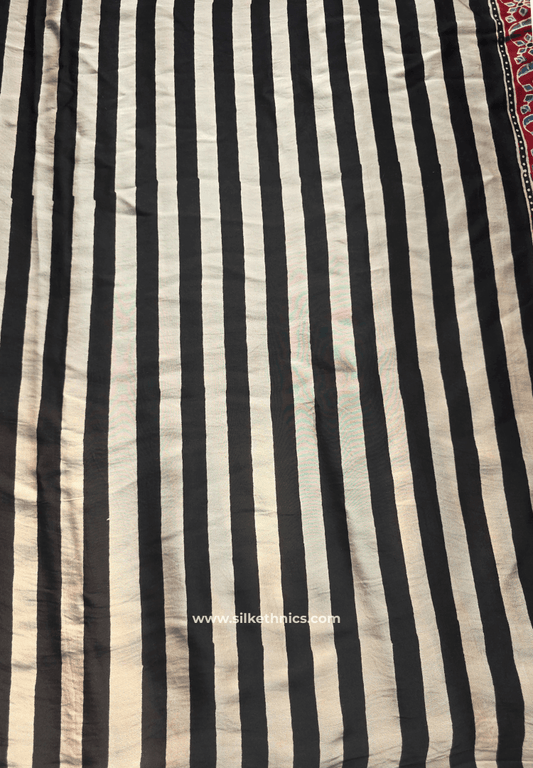 Black and White striped Ajrakh blockprinted modal saree