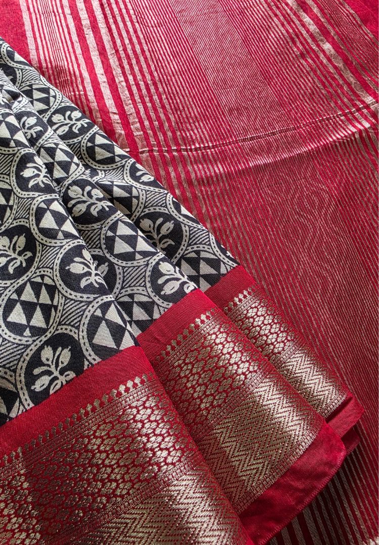 Black and Red hand blockprinted soft modal cotton saree