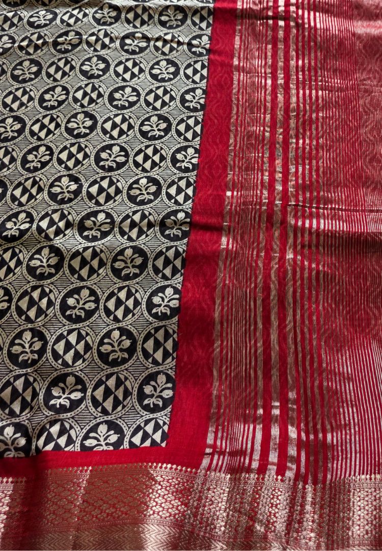 Black and Red hand blockprinted soft modal cotton saree