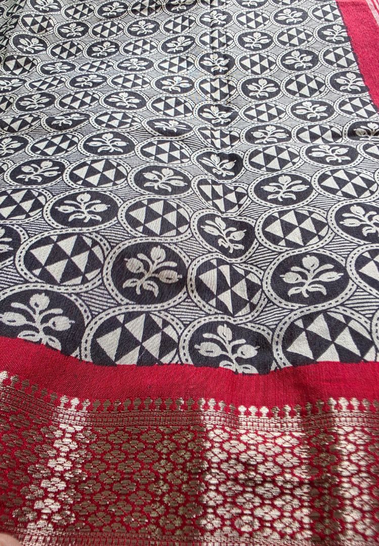 Black and Red hand blockprinted soft modal cotton saree