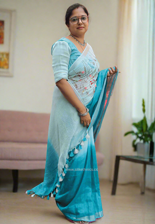 Twin blue embroidered Sitara linen saree