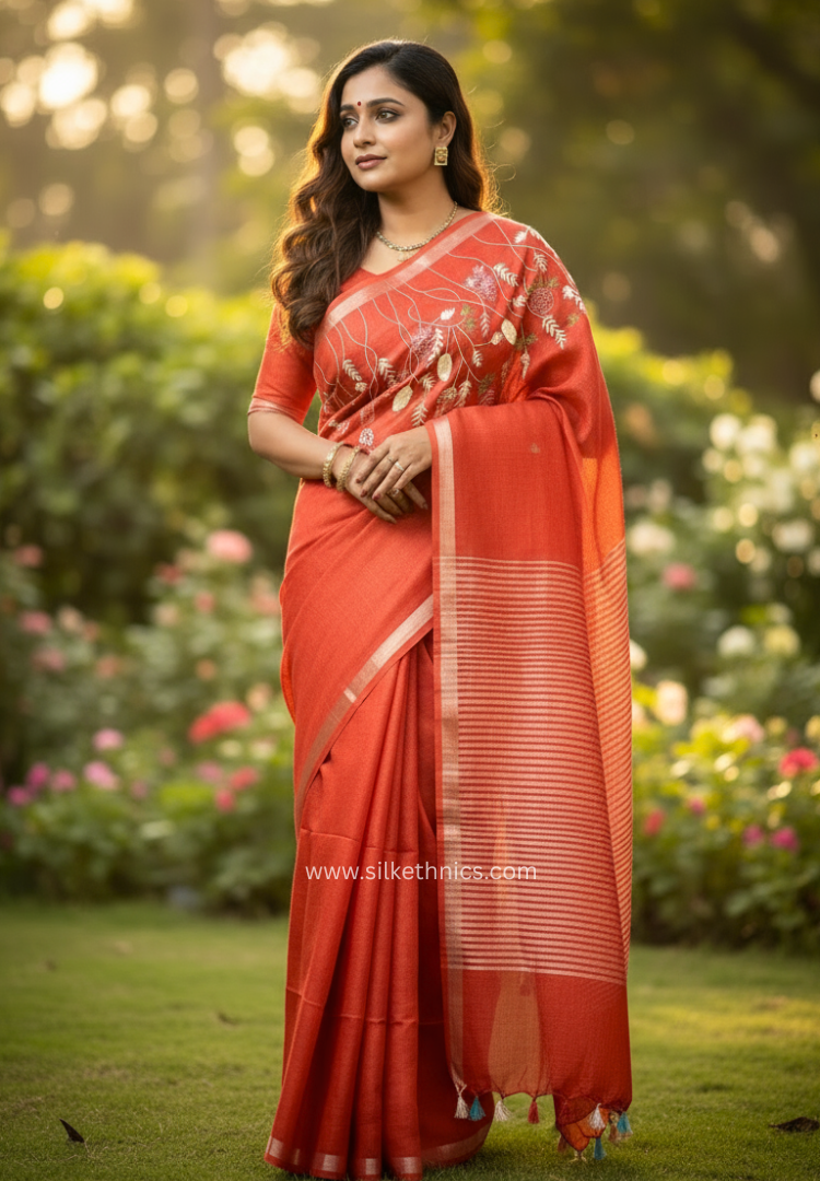 Royal Red Sitara linen saree