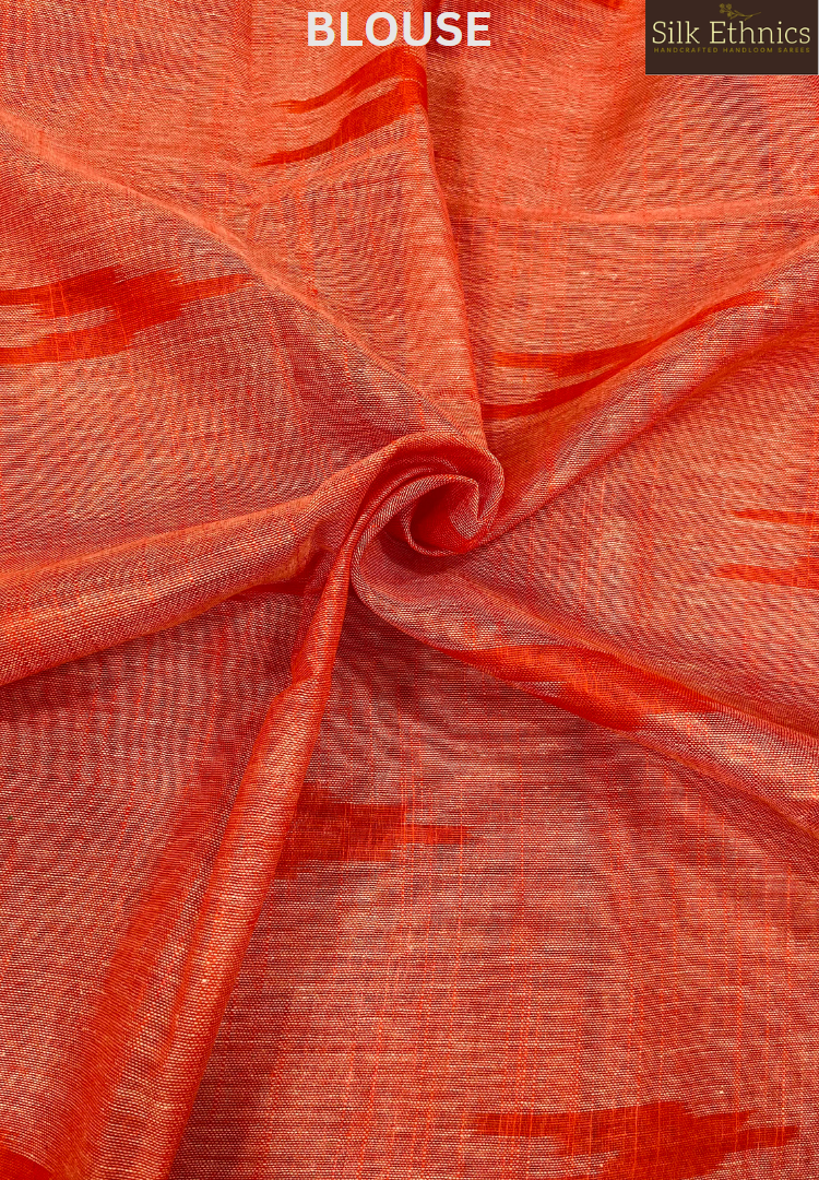 Sky blue and orange linen ikkat weaving saree