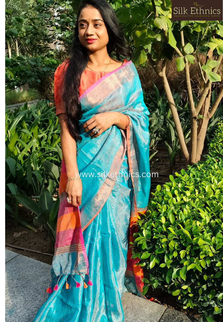 Metallic blue tissue linen saree