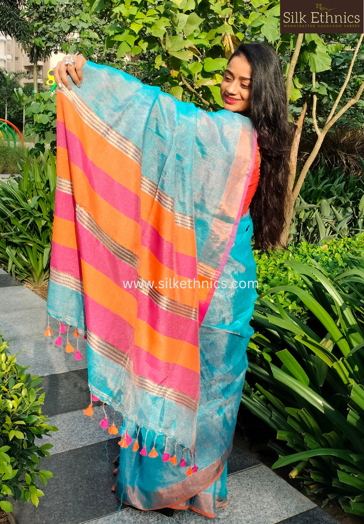 Metallic blue tissue linen saree