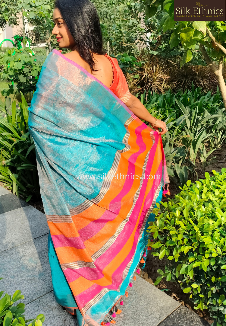 Metallic blue tissue linen saree