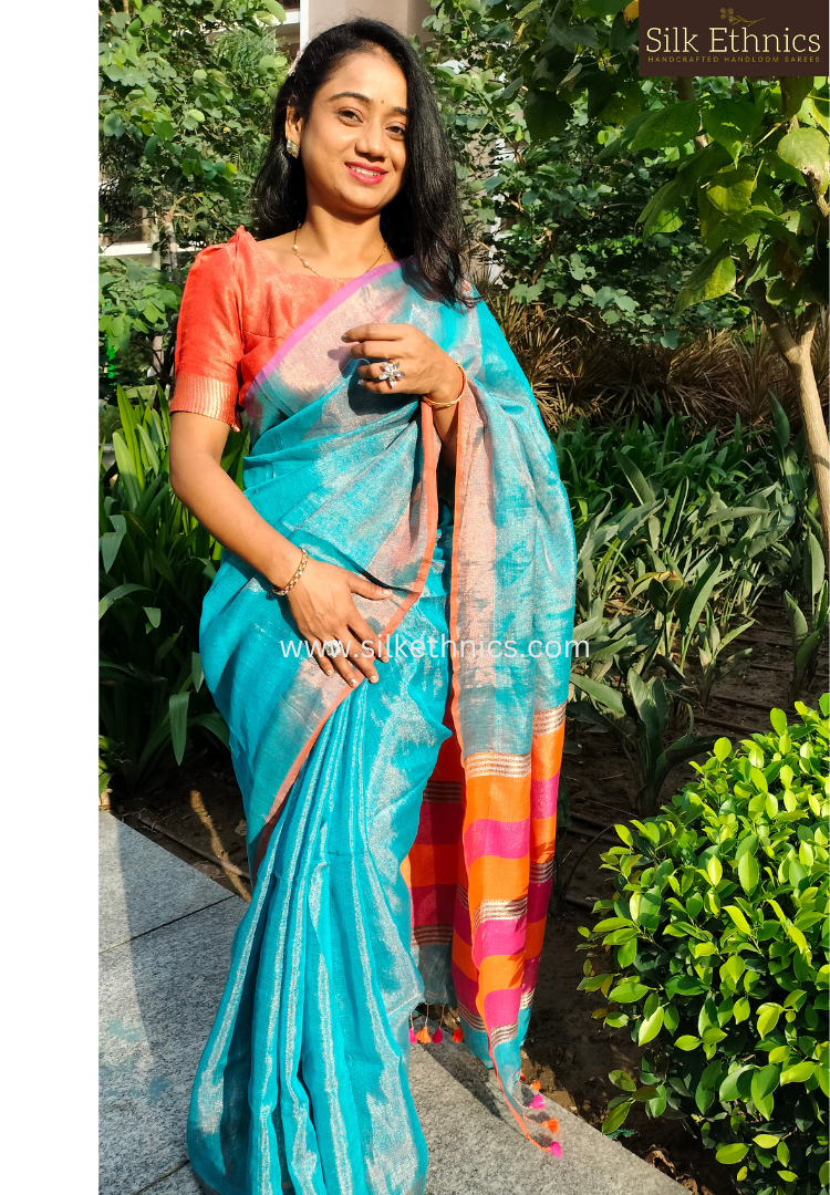 Metallic blue tissue linen saree