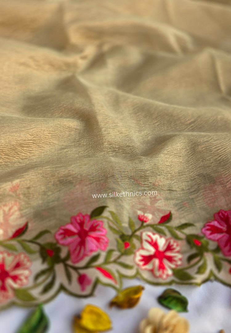 Banarasi Metallic Gold Crushed Tissue embroidered saree
