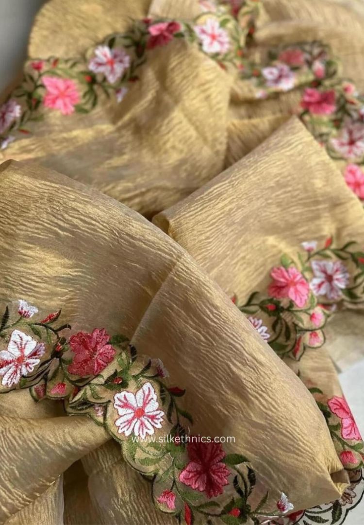 Banarasi Metallic Gold Crushed Tissue embroidered saree