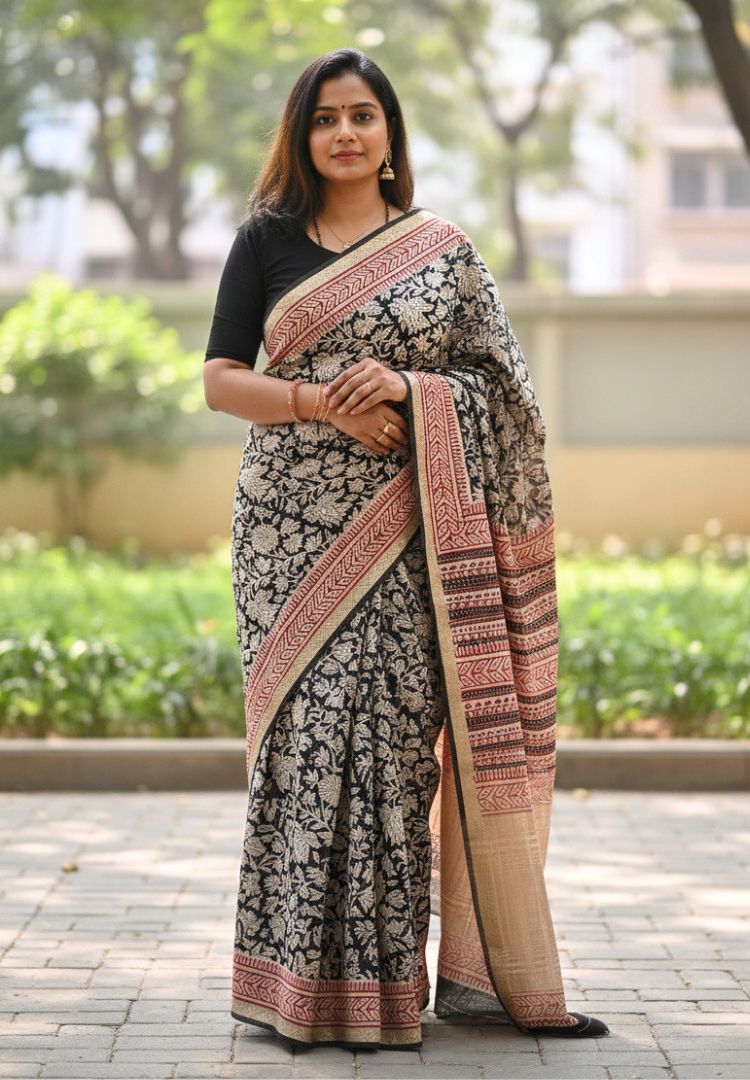 Black and Red Ajrakh hand blockprinted Maheswari silk saree