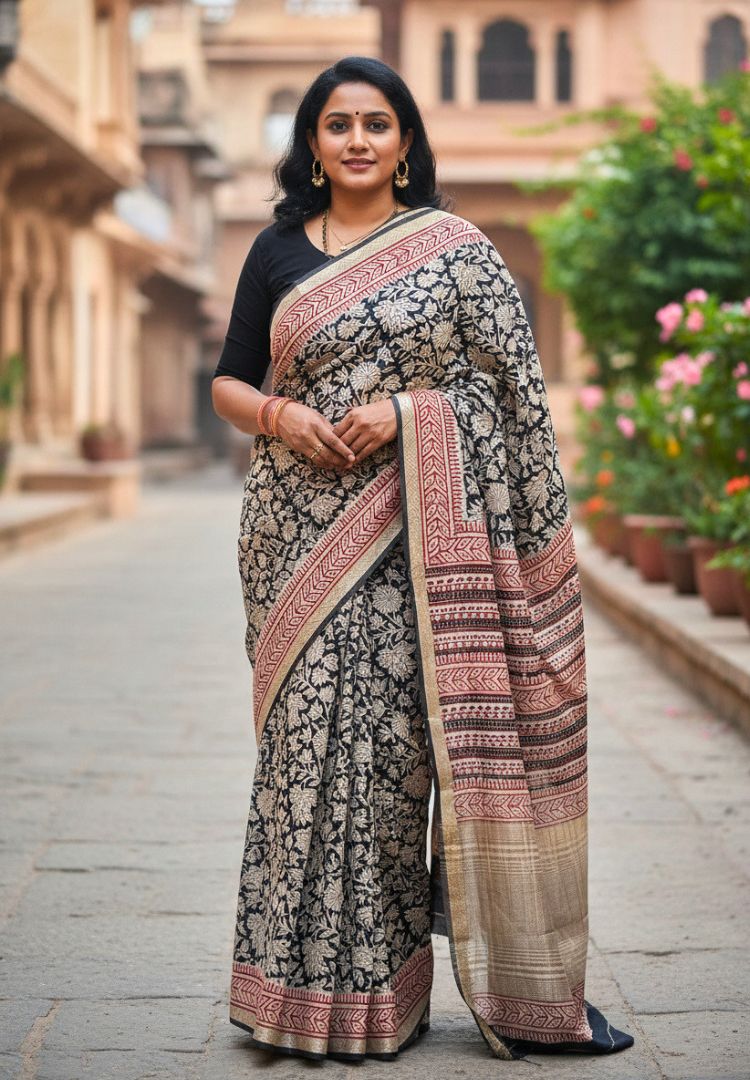 Black and Red Ajrakh hand blockprinted Maheswari silk saree