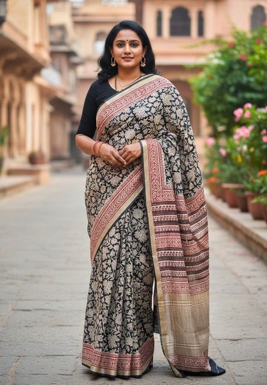 Black and Red Ajrakh hand blockprinted Maheswari silk saree