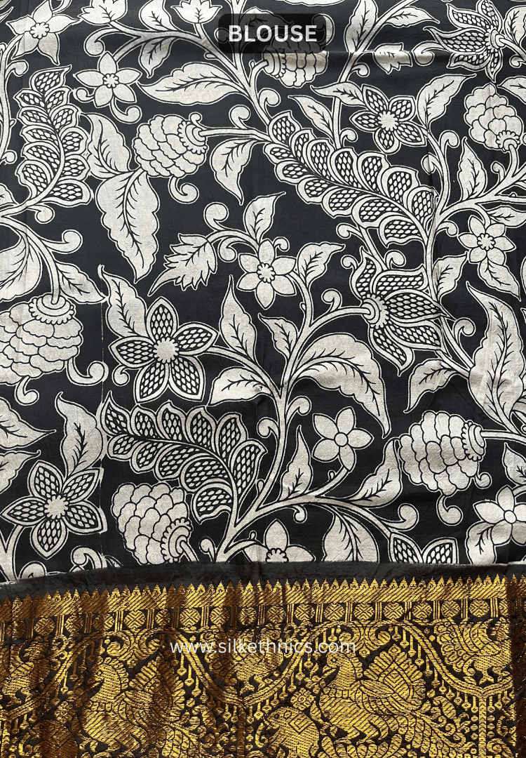 Kanchi border Black & White Kalamkari Block Print Silk Saree