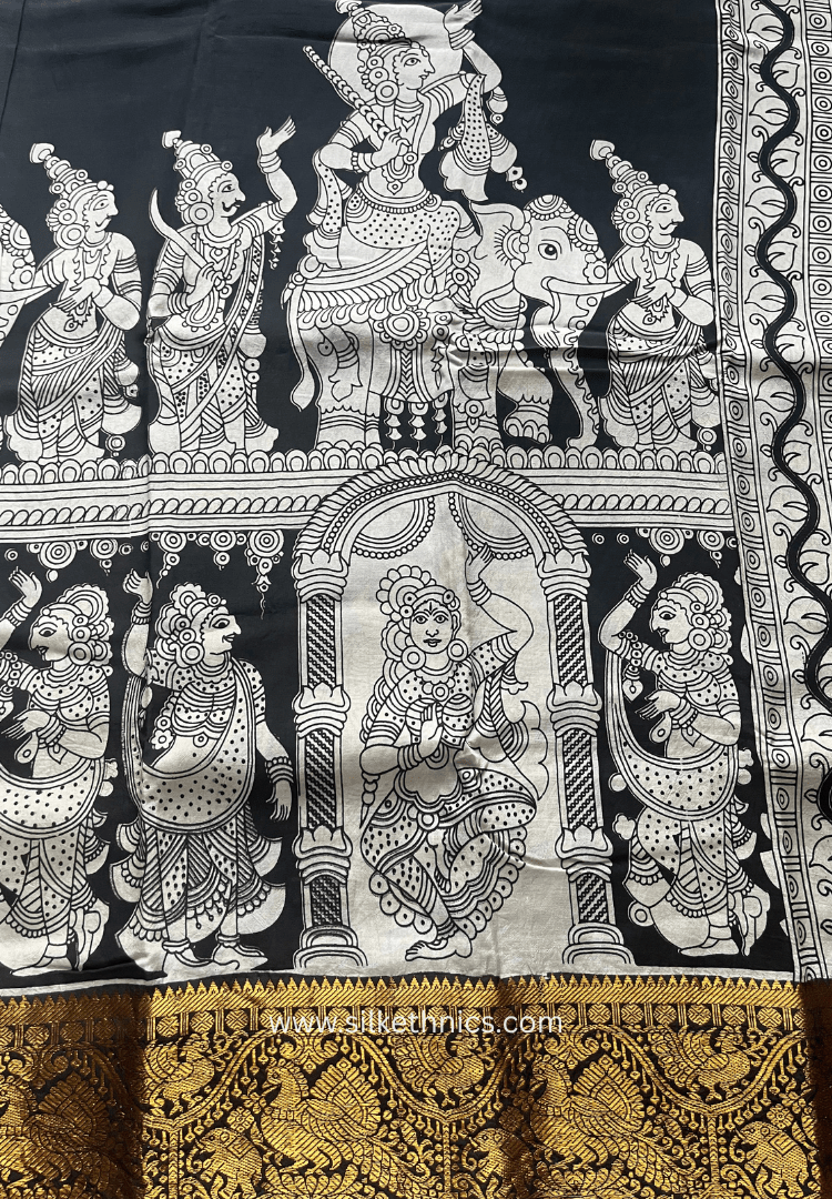 Kanchi border Black & White Kalamkari Block Print Silk Saree