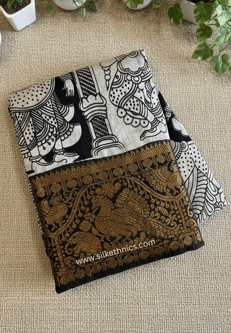 Kanchi border Black & White Kalamkari Block Print Silk Saree