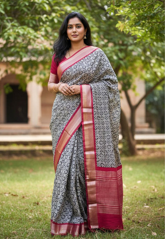 Black and Red hand blockprinted soft modal cotton saree