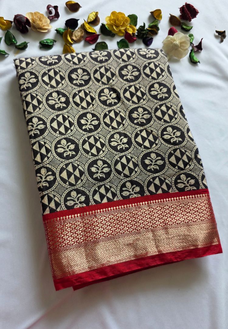 Black and Red hand blockprinted soft modal cotton saree