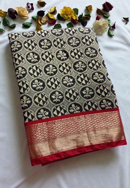 Black and Red hand blockprinted soft modal cotton saree