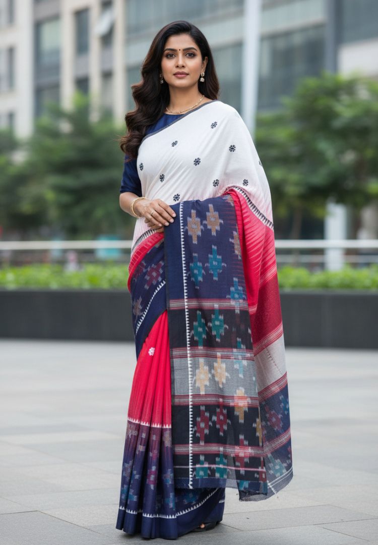 Deep Blue and Red Ikkat weaving Dhaniakhali handloom cottton saree