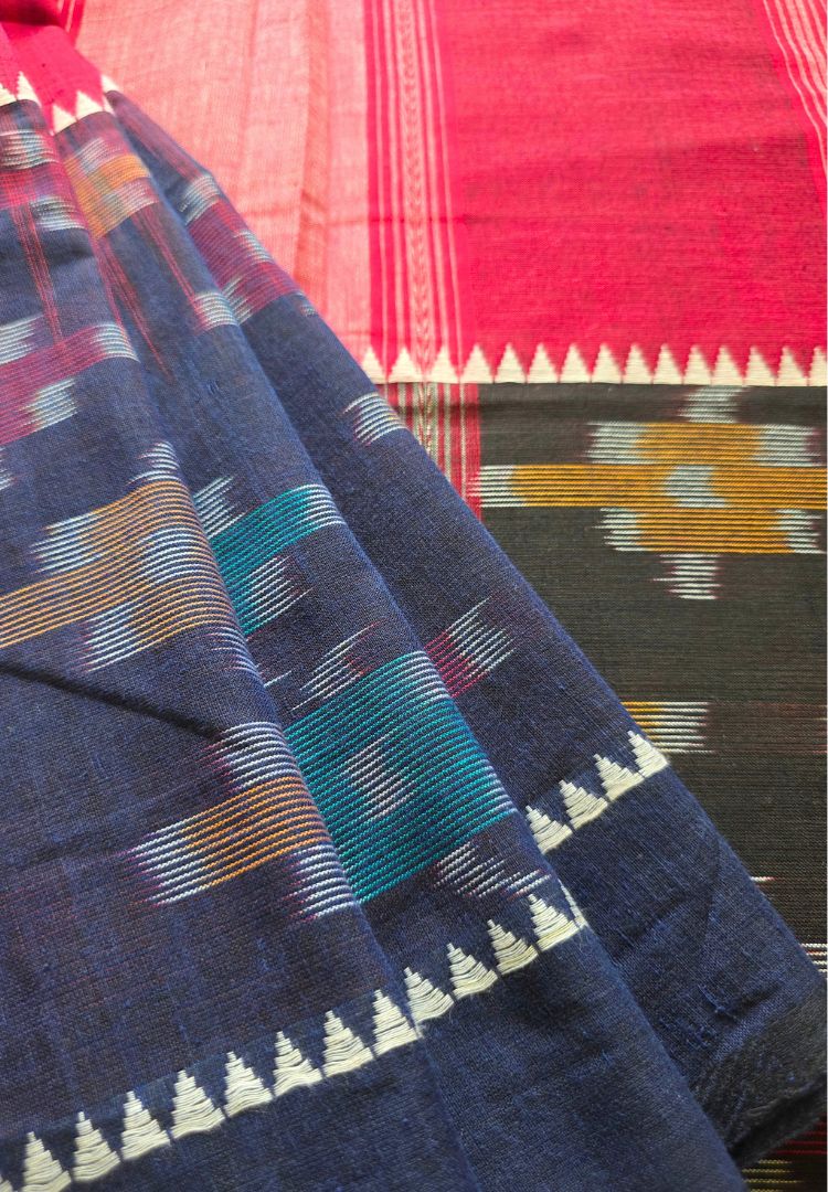 Deep Blue and Red Ikkat weaving Dhaniakhali handloom cottton saree