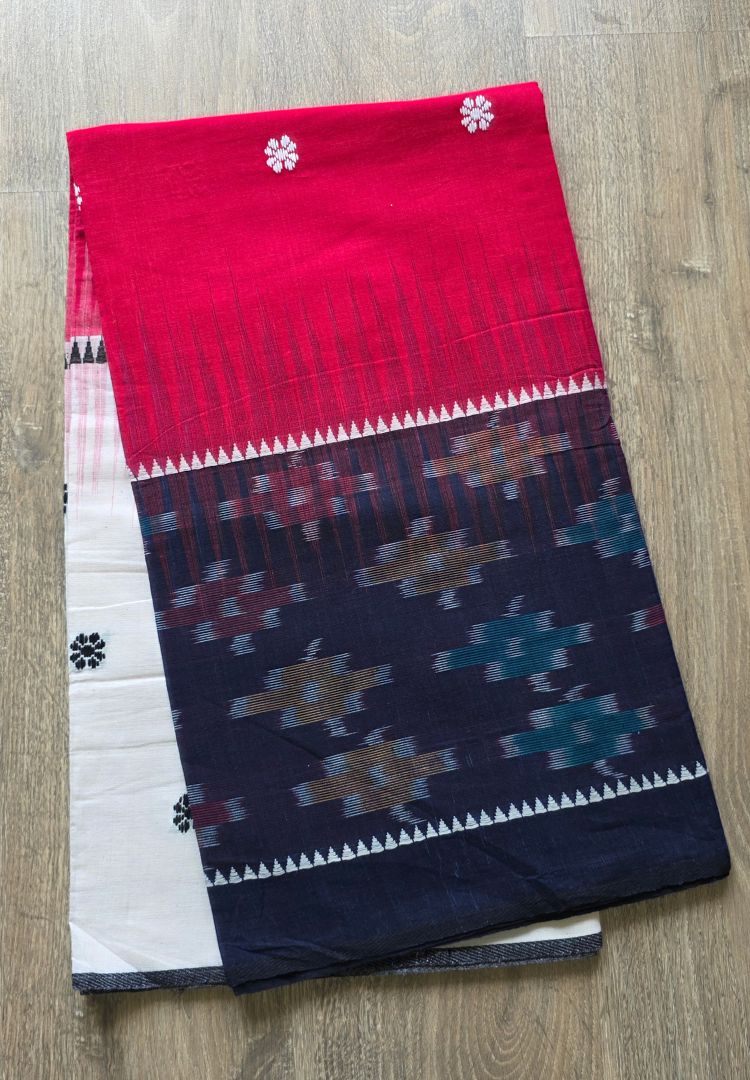 Deep Blue and Red Ikkat weaving Dhaniakhali handloom cottton saree