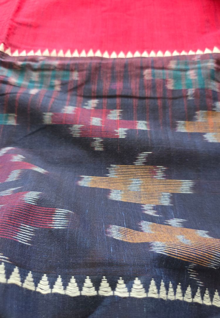 Deep Blue and Red Ikkat weaving Dhaniakhali handloom cottton saree