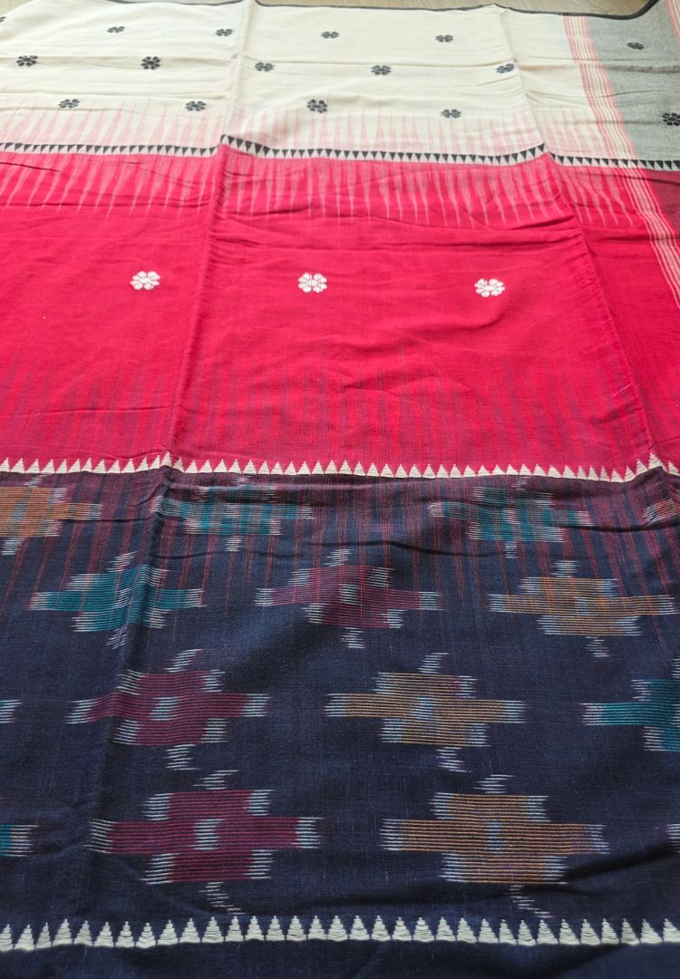 Deep Blue and Red Ikkat weaving Dhaniakhali handloom cottton saree