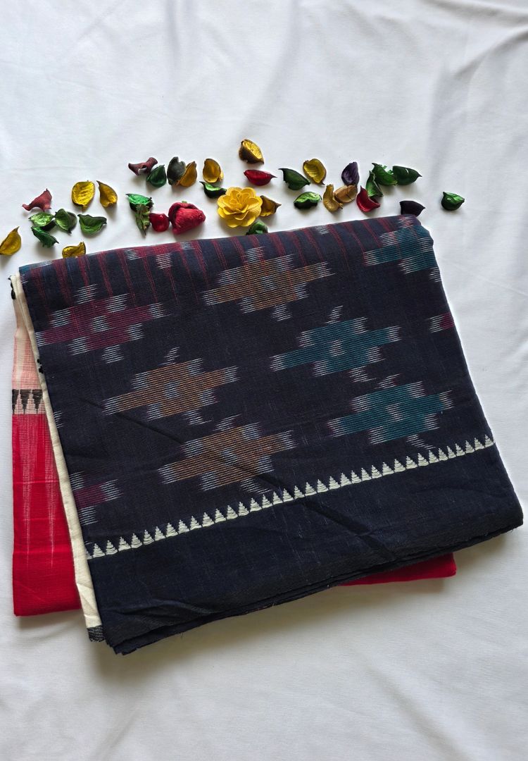 Deep Blue and Red Ikkat weaving Dhaniakhali handloom cottton saree