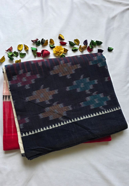 Deep Blue and Red Ikkat weaving Dhaniakhali handloom cottton saree