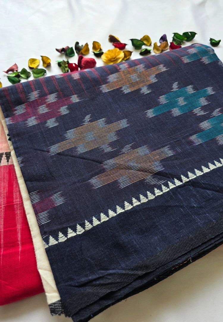 Deep Blue and Red Ikkat weaving Dhaniakhali handloom cottton saree