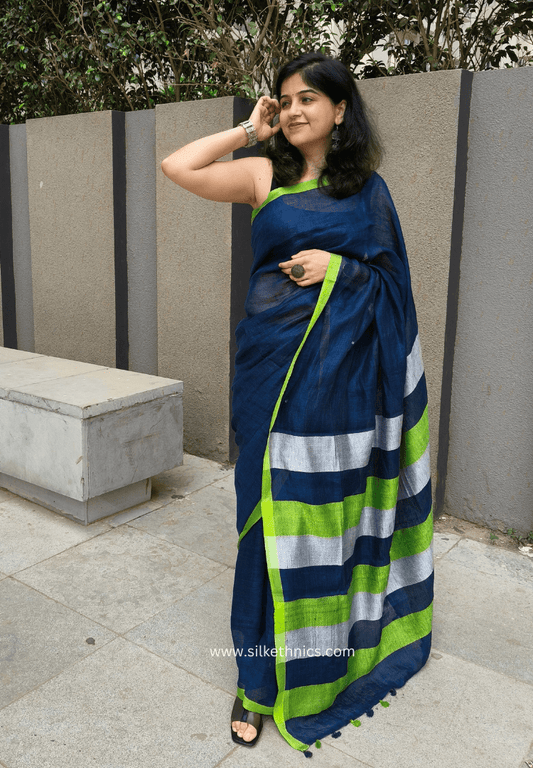 Blue green whispers Varnika linen saree