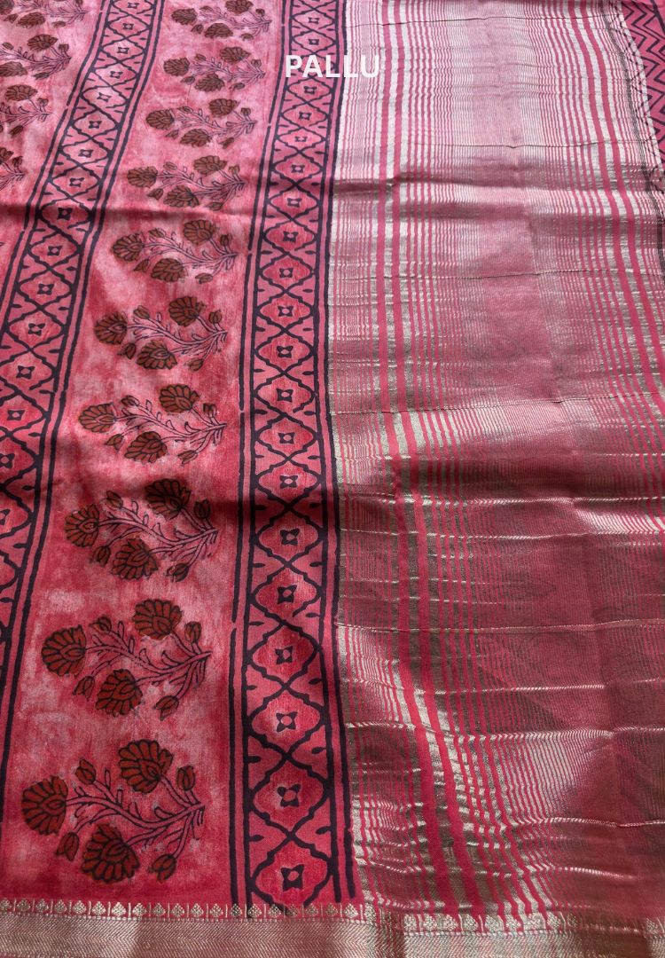 Brick red Ajrakh hand blockprinted Maheswari silk saree