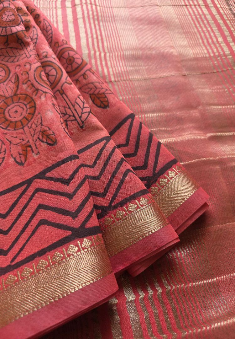 Brick red Ajrakh hand blockprinted Maheswari silk saree