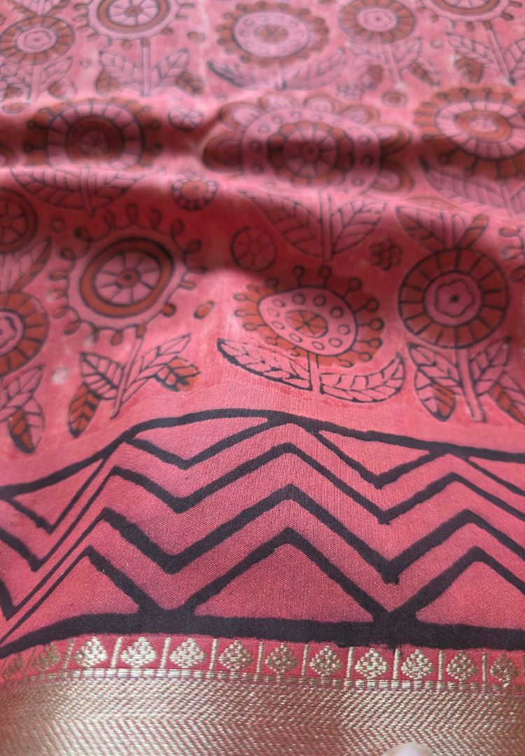 Brick red Ajrakh hand blockprinted Maheswari silk saree