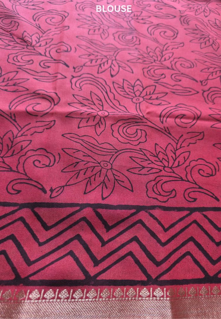 Brick red Ajrakh hand blockprinted Maheswari silk saree