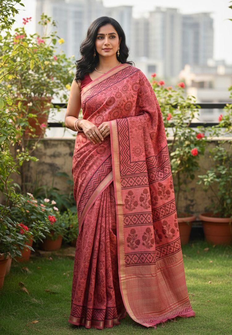Brick red Ajrakh hand blockprinted Maheswari silk saree