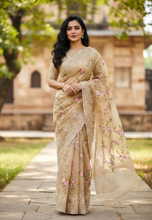 Champagne Gold Banarasi organza embroidered saree