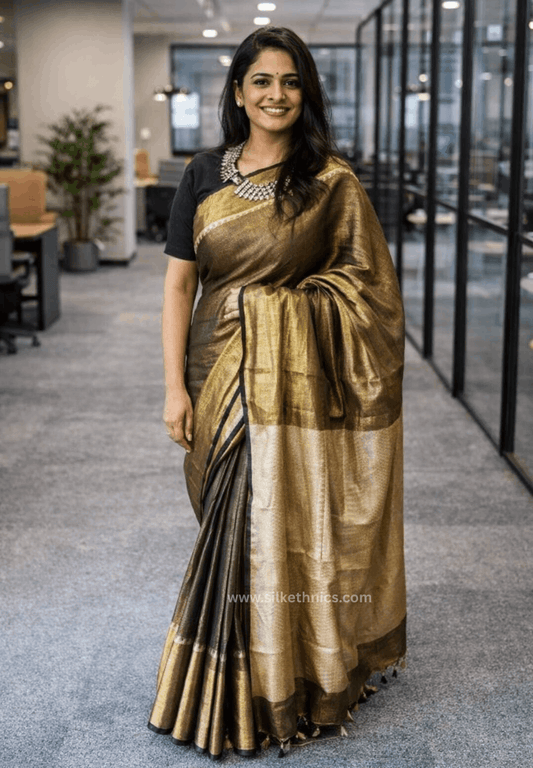 Copper tissue handloom linen saree