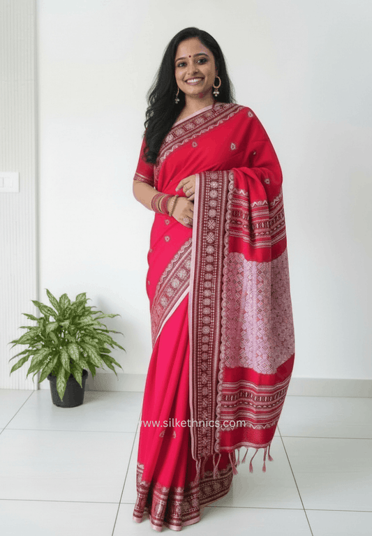 Crimson Red Assam hand weaving cotton saree